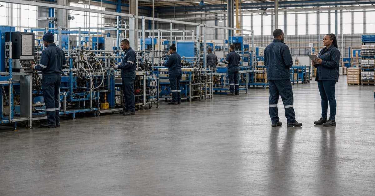 Supervisors overseeing a full production floor in operation