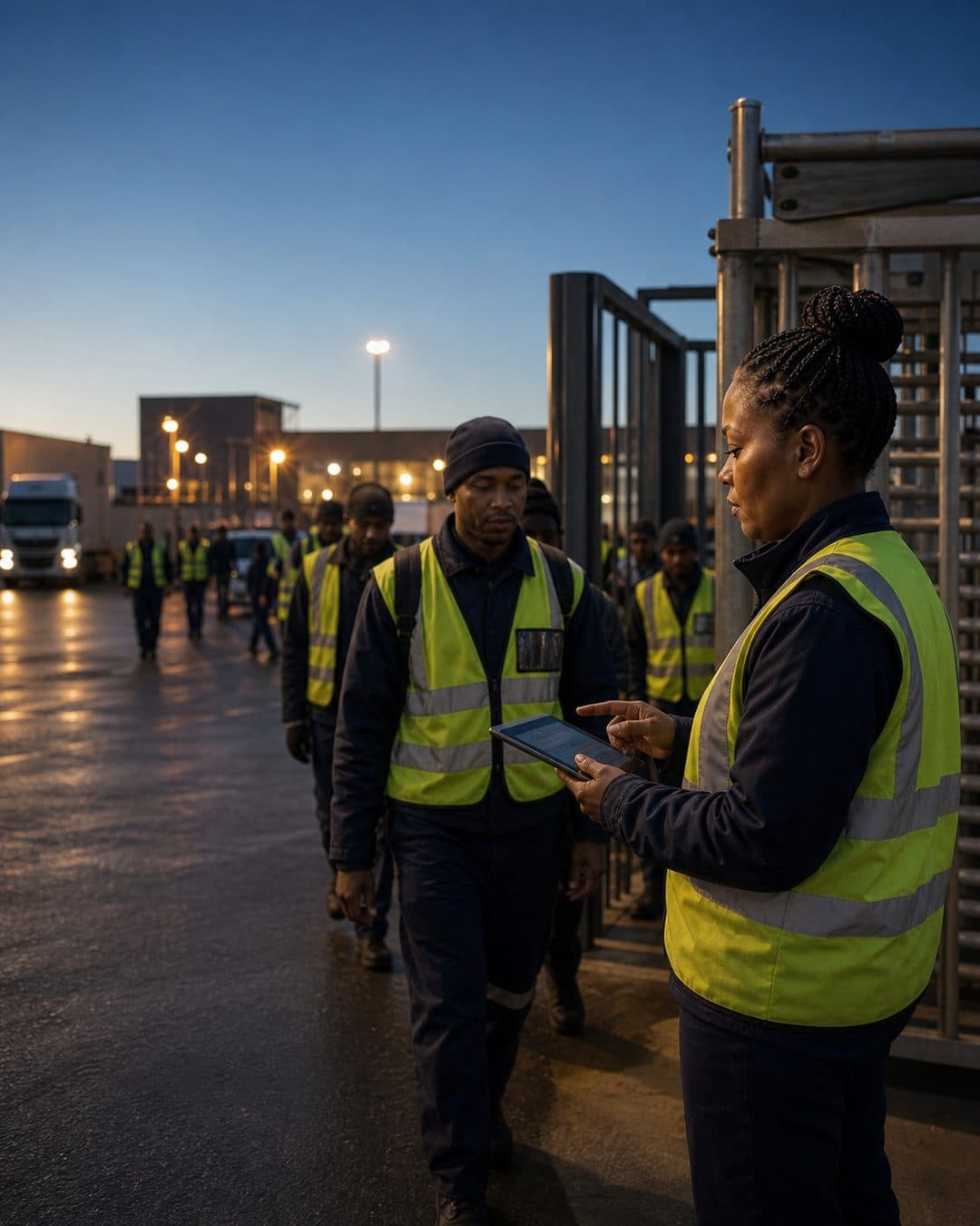 Contract workers arriving through a controlled site gate at first light
