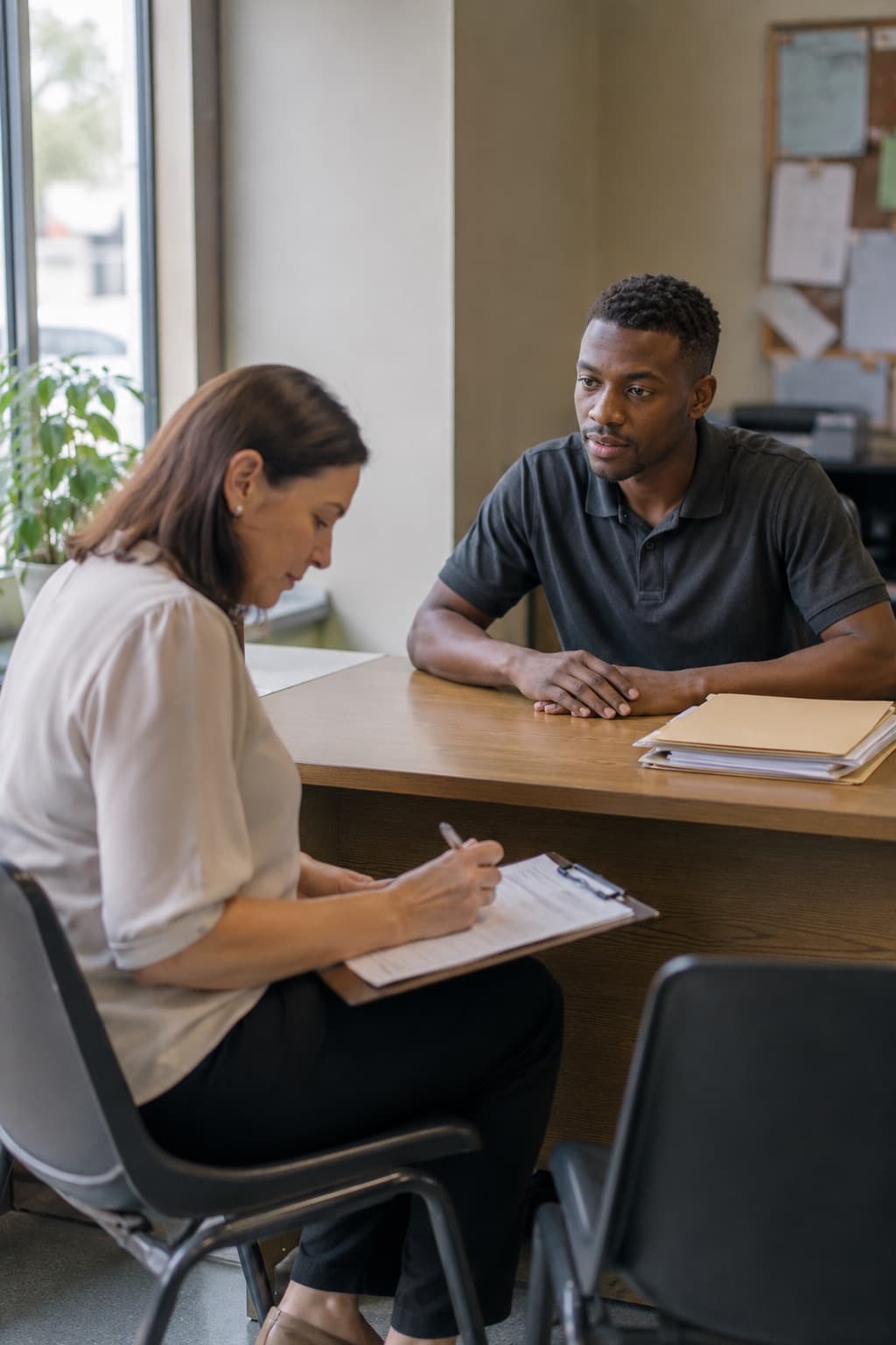 Work-seeker completing a registration form with a consultant at a branch front desk