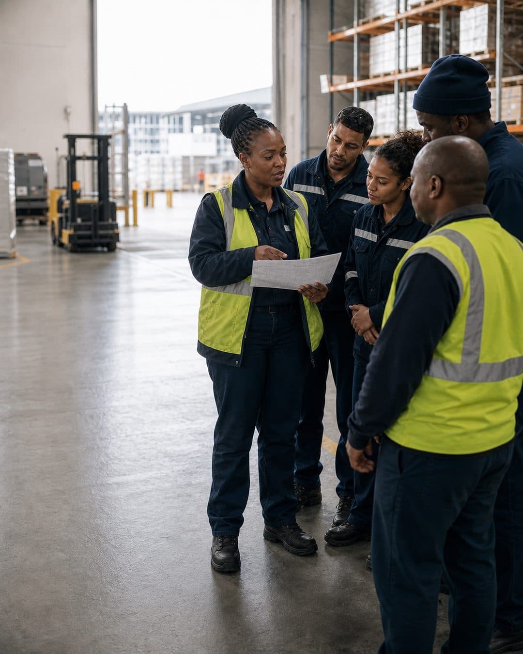 Supervisor briefing a shift huddle on the operations floor