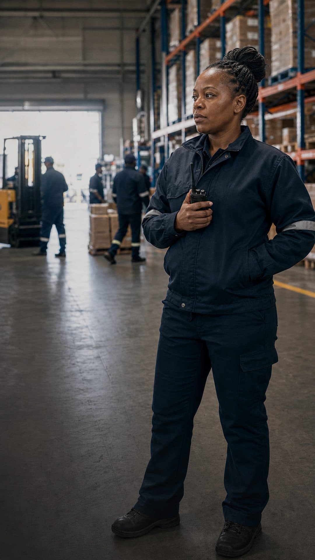Site manager with a two-way radio on the operations floor