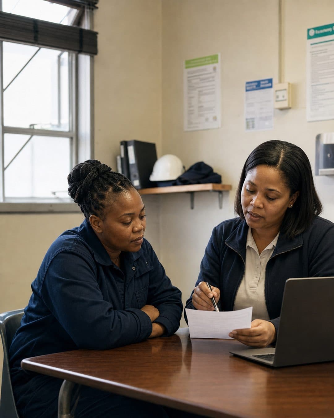 Payroll officer resolving a worker's query one-on-one